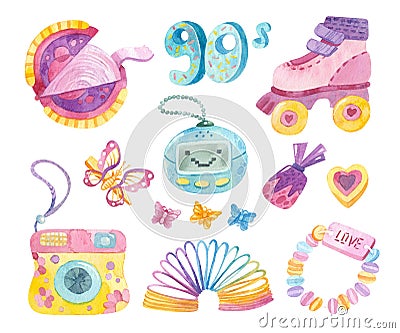 Back to the 90s. Retro toys, roller skates, chewing gum, camera, sweets, hairpins. Watercolor girlish clipart Editorial Stock Photo