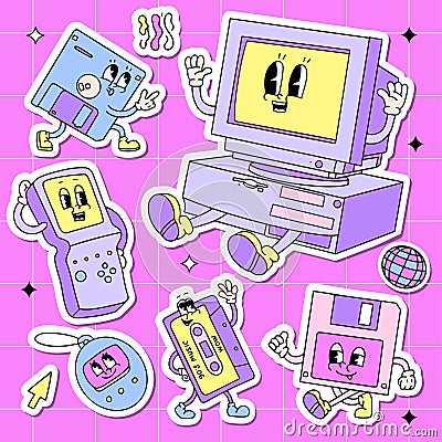 Back to 90s sticker pack. Old fashioned set of old computer pc, vintage misic cassette, floppy disk, tetris and Vector Illustration