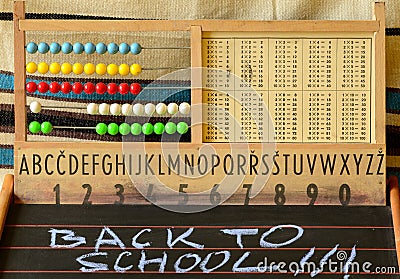 Back to school. Abacus, blackboard, alphabet and numbers Stock Photo