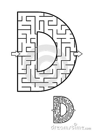 Back to school ABC activity - letter D maze for kids Vector Illustration