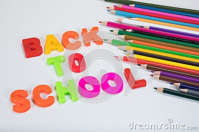 Back to school alphabet letters and colour pencils Stock Photo