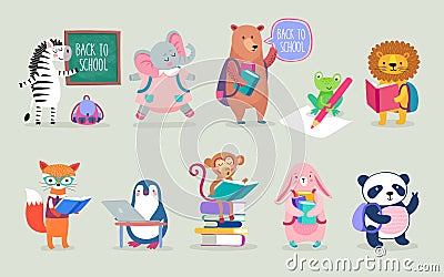 Back to school Animals hand drawn style, education theme. Cute characters. Bear, penguin, elephant, panda, fox and others. Vector Illustration