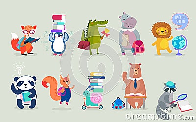 Back to school Animals hand drawn style, education theme. Cute characters. Bear, penguin, hippo, panda, fox and others. Vector Illustration