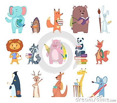 Back to school animals. Young funny zoo characters school items elephant rabbit bear fox squirrel backpack books vector Vector Illustration