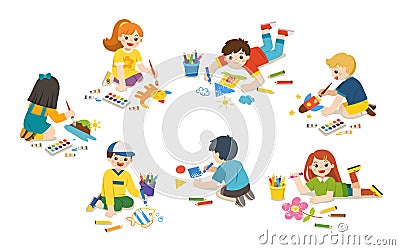 Happy Children draw pictures and paints on floor. Vector Illustration