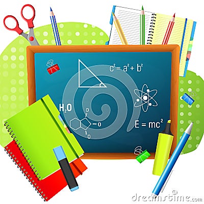 Back to School. Back to School colorful poster with blackboard and school supplies. Vector Illustration