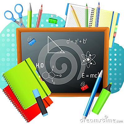 Back to School. Back to School colorful poster with blackboard and school supplies. Vector Illustration