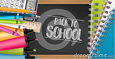 Back to school backboard textured background with realistic stationery items - highlighters, crayons, technical pencil with erasoe Vector Illustration