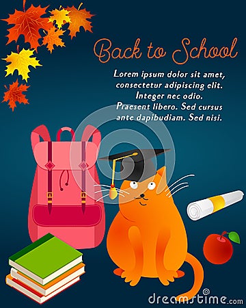 Back to school background with autumn leaves, cat, graduate cat, backpack, books, apple and text Vector Illustration