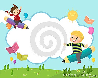 Back to school background concept with happy school kids riding a flying pencil in the sky Vector Illustration