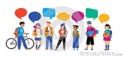 Back to school background, diversity concept for children - schoolboys and schoolgirls of different ethnicities standing Vector Illustration