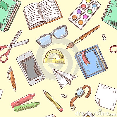 Back to School Background. Education Hand Drawn Seamless Pattern with Books, Notebook and Pen Vector Illustration