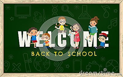 Back to school background with kids and welcome sign Vector Illustration