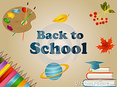 Back to school background with with pencils, backpack, book, planet, planet, graduate cap and text Vector Illustration