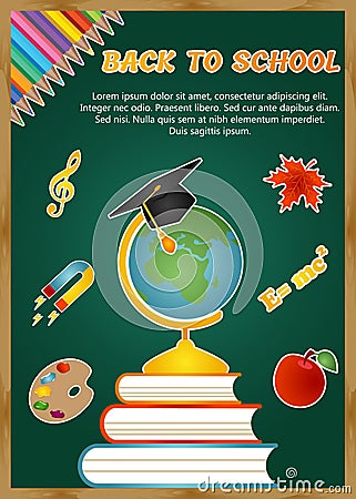 Back to school background with school icons leaf, palette, globe, book, graduate cap, pencil and text Vector Illustration