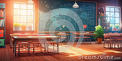 back to school background, showcasing a classroom setting with desks, chalkboards, and students engaged in learning Stock Photo