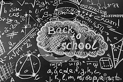 Back to school background with title Back to school and formulas written by chalk on the chalkboard Stock Photo