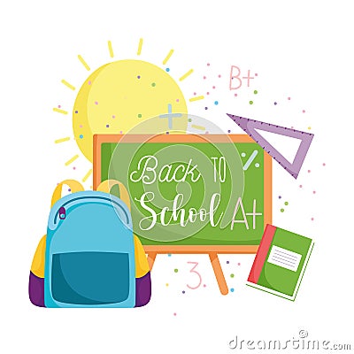 Back to school, backpack chalkboard ruler and book elementary education cartoon Vector Illustration