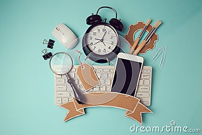 Back to school badge design with smartphone, keyboard and clock. Creative design hero header image. Stock Photo