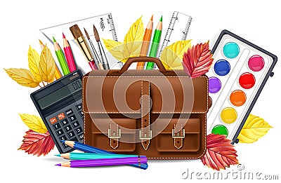 Back to school with bag pencils and other drawing tools Vector realistic. Detailed 3d illustrations Vector Illustration