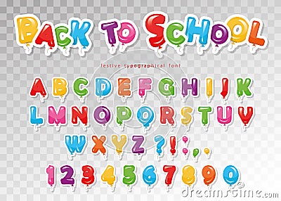 Back to school. Balloon colorful font for kids. Funny ABC letters and numbers. For birthday party, baby shower. Stock Photo