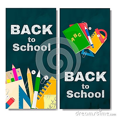 Back to school banner. Chalk board with text and school tools Vector Illustration