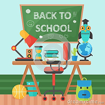 Back To School Banner Chalkboard and pupil table. Vector Flat Illustration. School Education Concept. Vector Vector Illustration