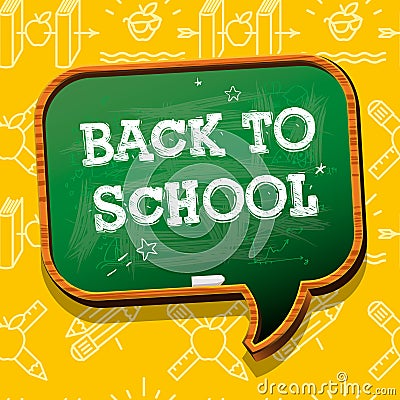 Back to School banner with chalkboard speech bubble, texture from line art icons of education, science objects and Vector Illustration