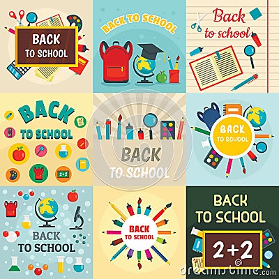 Back to school banner concept set, flat style Cartoon Illustration