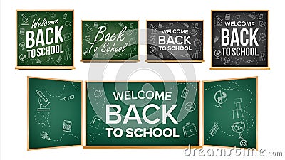 Back To School Banner Design Vector. Classroom Chalkboard, Blackboard. Doodle Icons. Sale Background. Welcome. 1 Vector Illustration