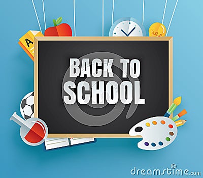 Back to school banner with education items and black board in paper art style Vector Illustration