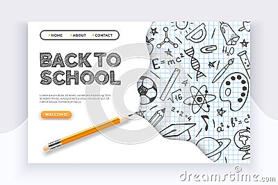 Back to school banner. Hand drawn educational supplies on list sheet and a pencil. Back to school education concept Vector Illustration