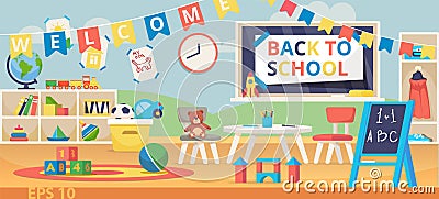 Back to school banner illustration. First School Day, Knowledge Day, September 1. Preschool classroom with desk, chairs Vector Illustration