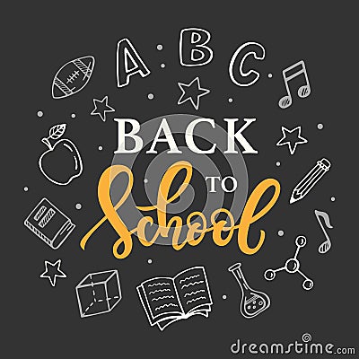 Back to school banner template with hand drawn school supplies icons on blackboard Vector Illustration
