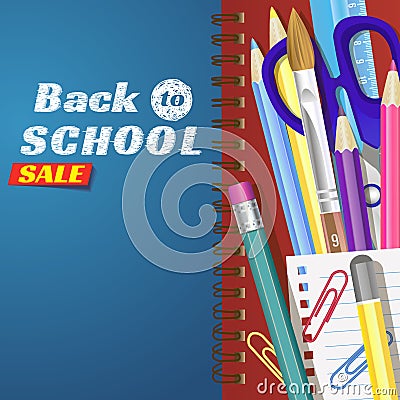 Back to school, banner. Templates with supplies tools. Place for your text. Place for your text. Layered realistic 3d Vector Illustration