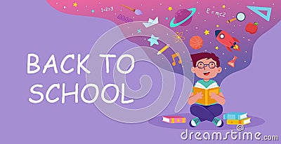 Back to school banner vector illustration with boy reading book Vector Illustration