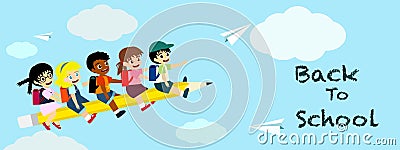 Back to school banner vector illustration, happy five student children flying with pencil on blue sky, diversity education Vector Illustration