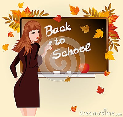 Back to school. Beautiful schoolteacher and apple. Vector Illustration