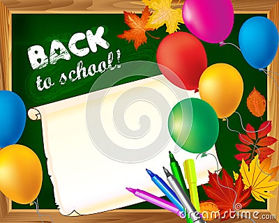 Back to school blackboard template with empty sheet of paper mar Vector Illustration