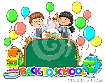 Back to school bright sign School board blank Cute children with Vector Illustration