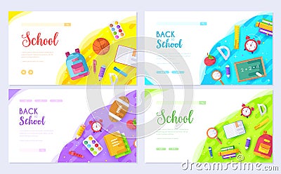 Back to school brochure card set. Student template of flyear, web banner, ui header, enter site. College education Vector Illustration