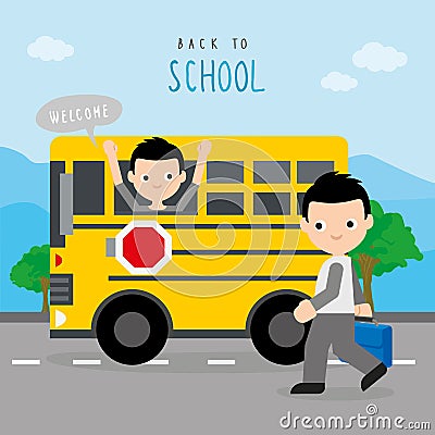 Back To School Bus Road Boy Children Student Cartoon Character Vector Vector Illustration