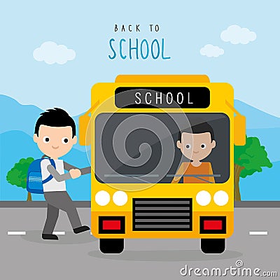Back To School Bus Road Boy Children Student Cartoon Character Vector Vector Illustration