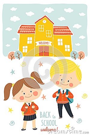 Back to school card design. Children going to school in school uniforms and with schoolbags. Preschool girl and boy in Vector Illustration