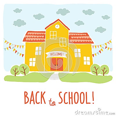 Back to school card design. Funny cartoon hand drawn school building over landscape background. Cartoon vector clip art Vector Illustration