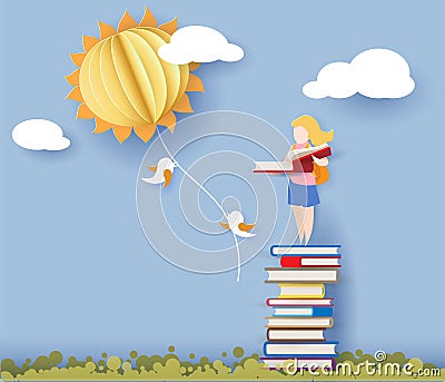 Back to school card with girl, books and sun Vector Illustration