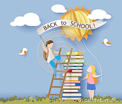 Back to school card with kids, books and sun Vector Illustration