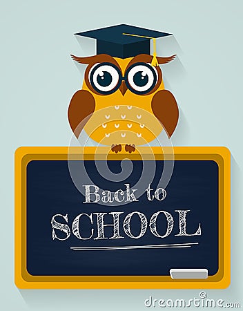 Back to school. Card with owl and blackboard. Vector illustration. Vector Illustration
