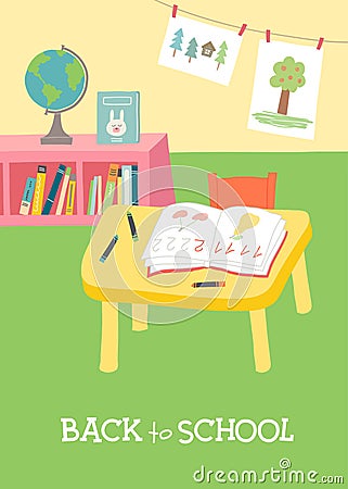 Back to school card, poster design. Kindergarten Preschool Classroom Interior. Vector Illustration