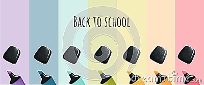 Back-to-school card set with colored emblems includes a highlighter and welcome signs on different backgrounds. Vector Illustration